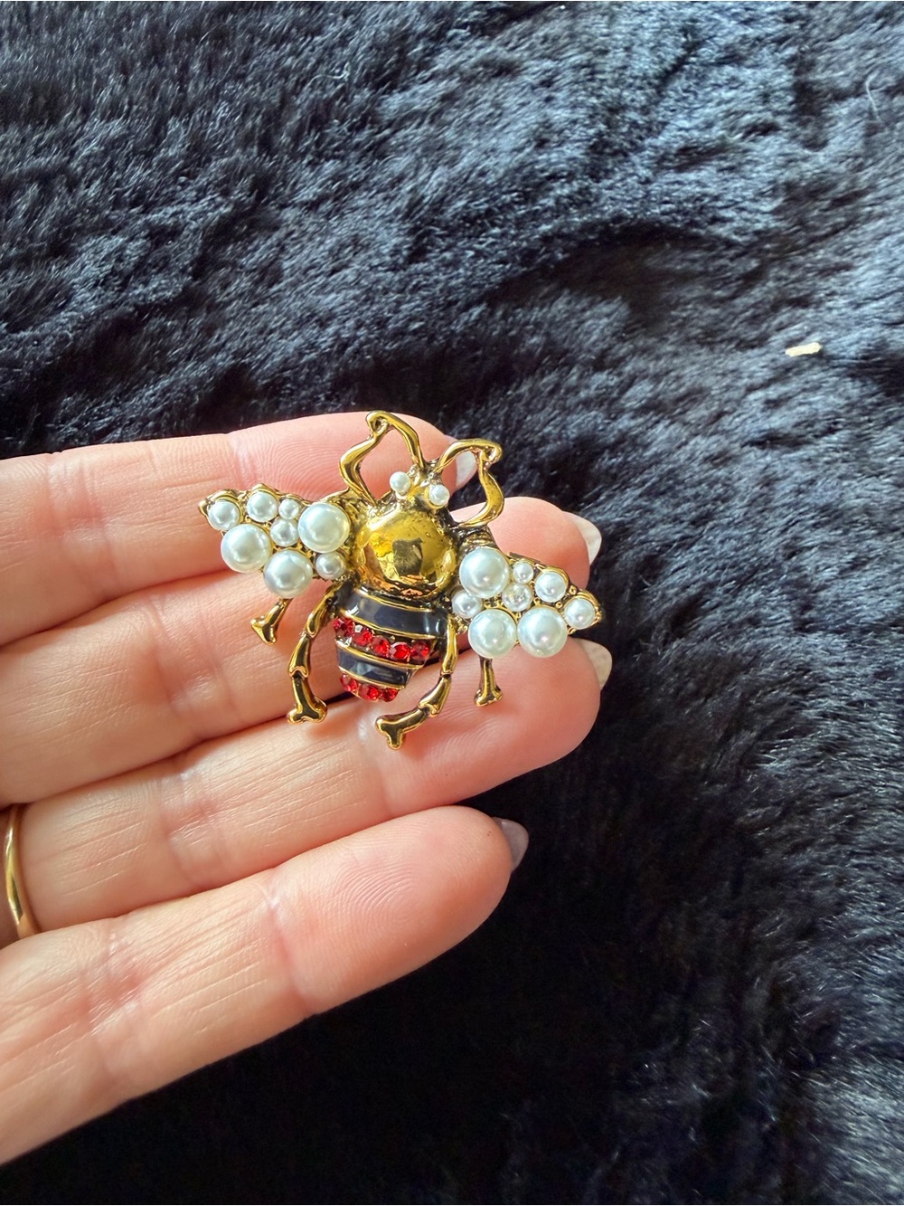 Gold Bee Brooch with Pearl Wings and Red Enamel Accents